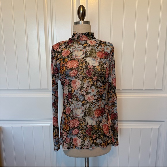 Tops - Floral Mesh Long Sleeve Women's Top